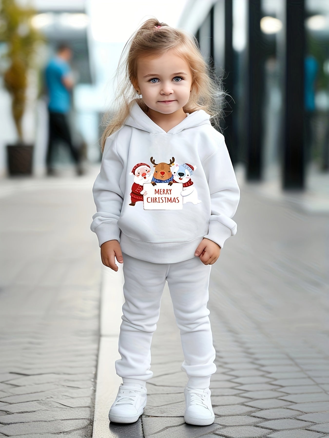 Girls 2pc Santa Bear Deer Hooded Sweatshirt Solid Sweatpants Set