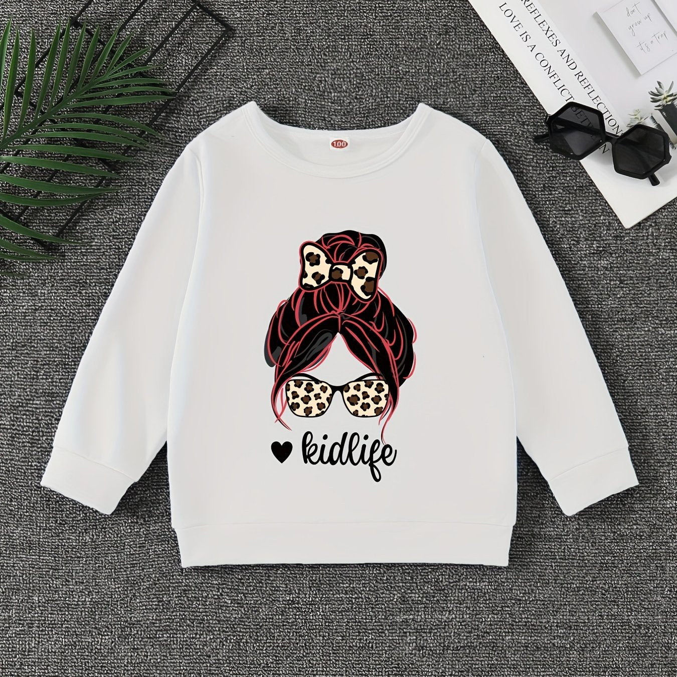 Girls' Leopard Portrait Crew Neck Sweatshirt Pullovers Kids Long Sleeve Tops