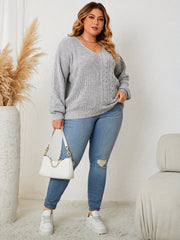 Plus Size Solid Long Sleeve Knit Top V Neck Drop Shoulder Pullover