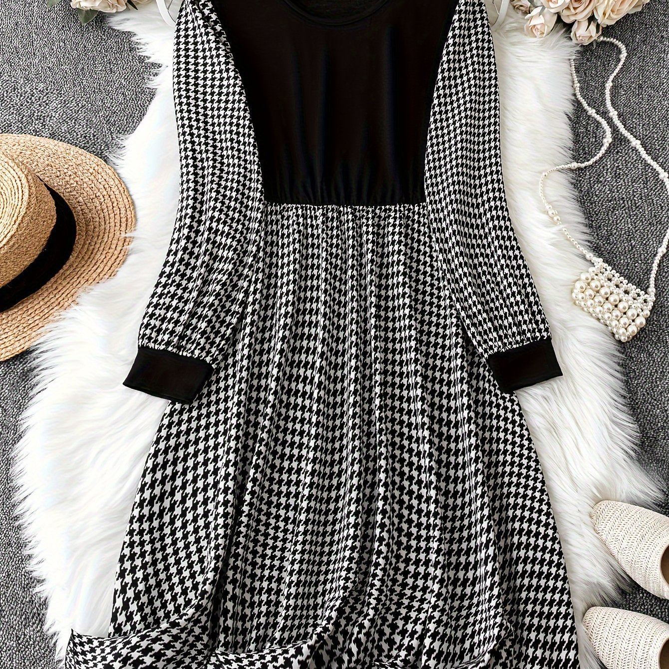 Colorblock Houndstooth Print Round Neck Dress