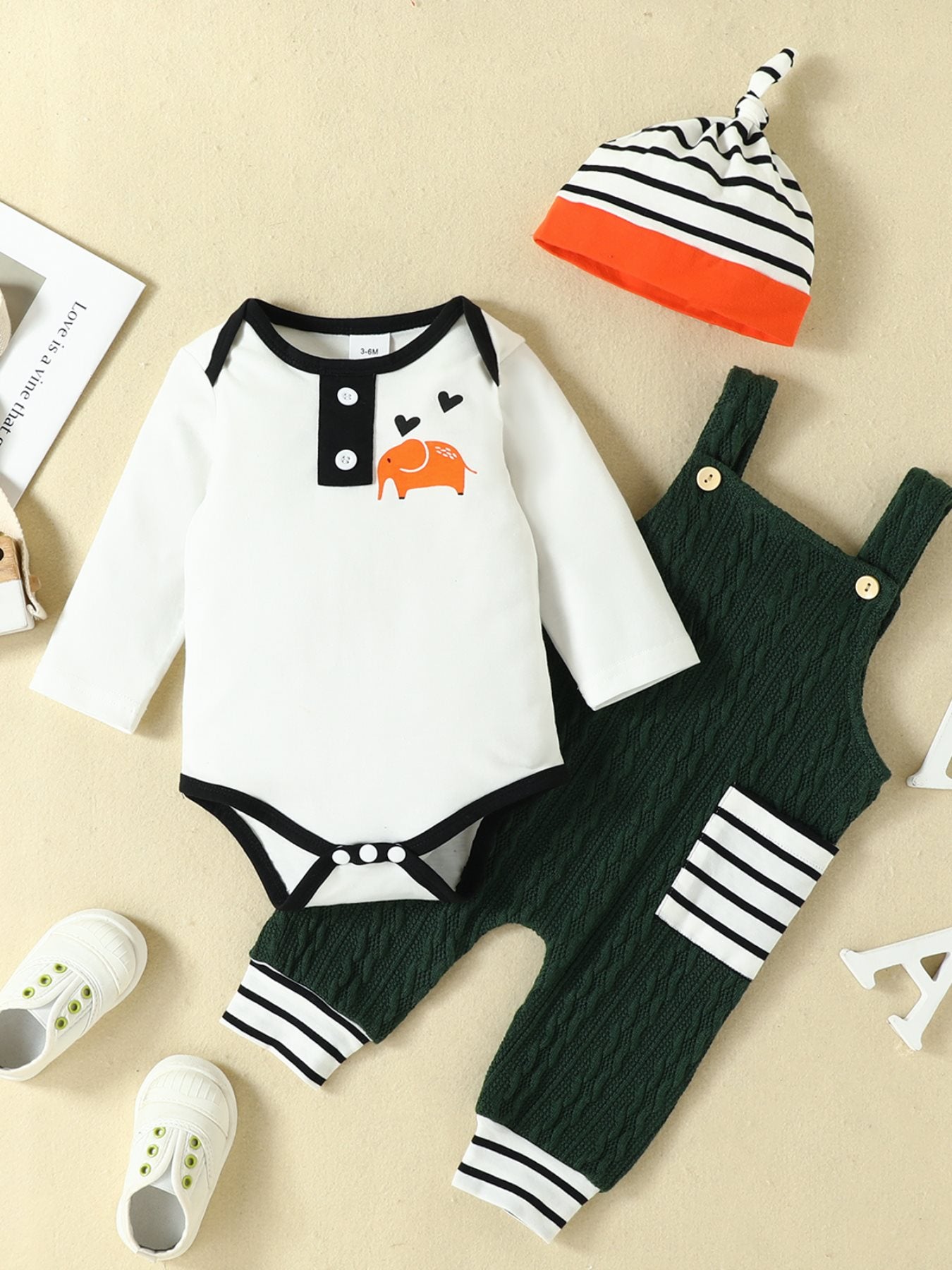 3pcs Elephant Print Rompers & Pants Set For Boys