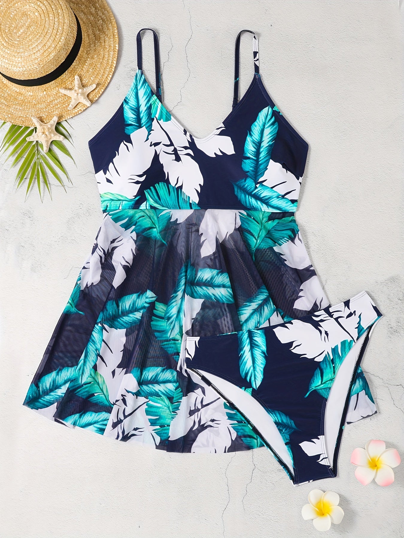 Tropical Print V Neck Tankini Set