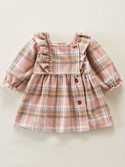 Baby Girl Plaid Print Ruffle Sleeves Thick Dress