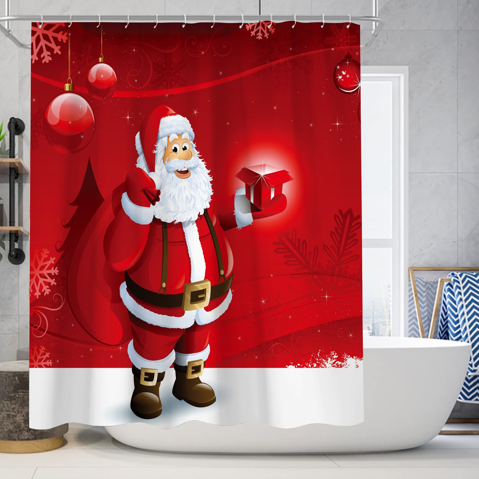 Christmas Shower Curtain Set Winter Santa Claus Tree Snowflake Print