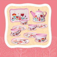 19-Piece Metal Tea Set Toy Kitchen with Pink Flowers and Animals