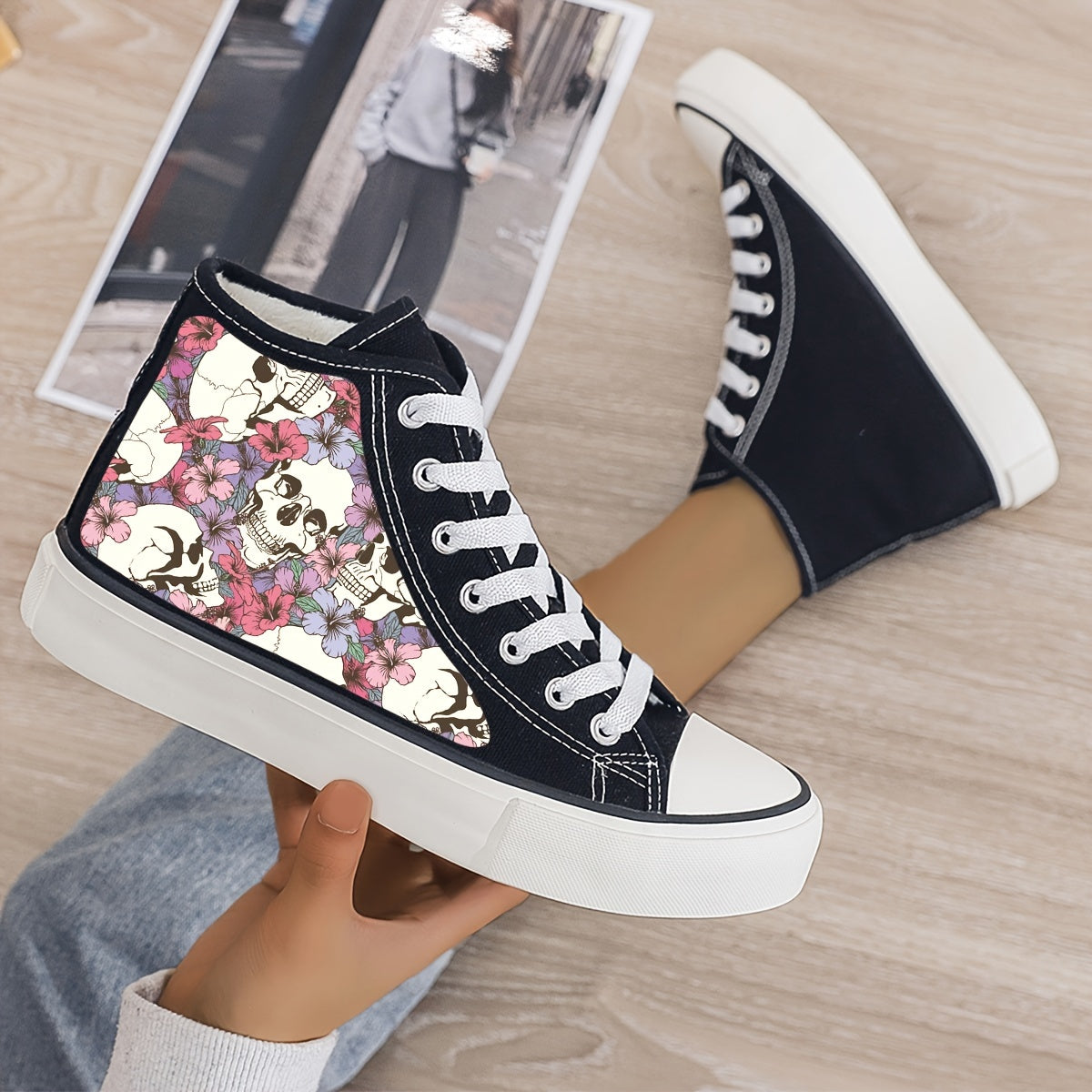 Girl's High Top Skull Skate Shoes With Plush Lining