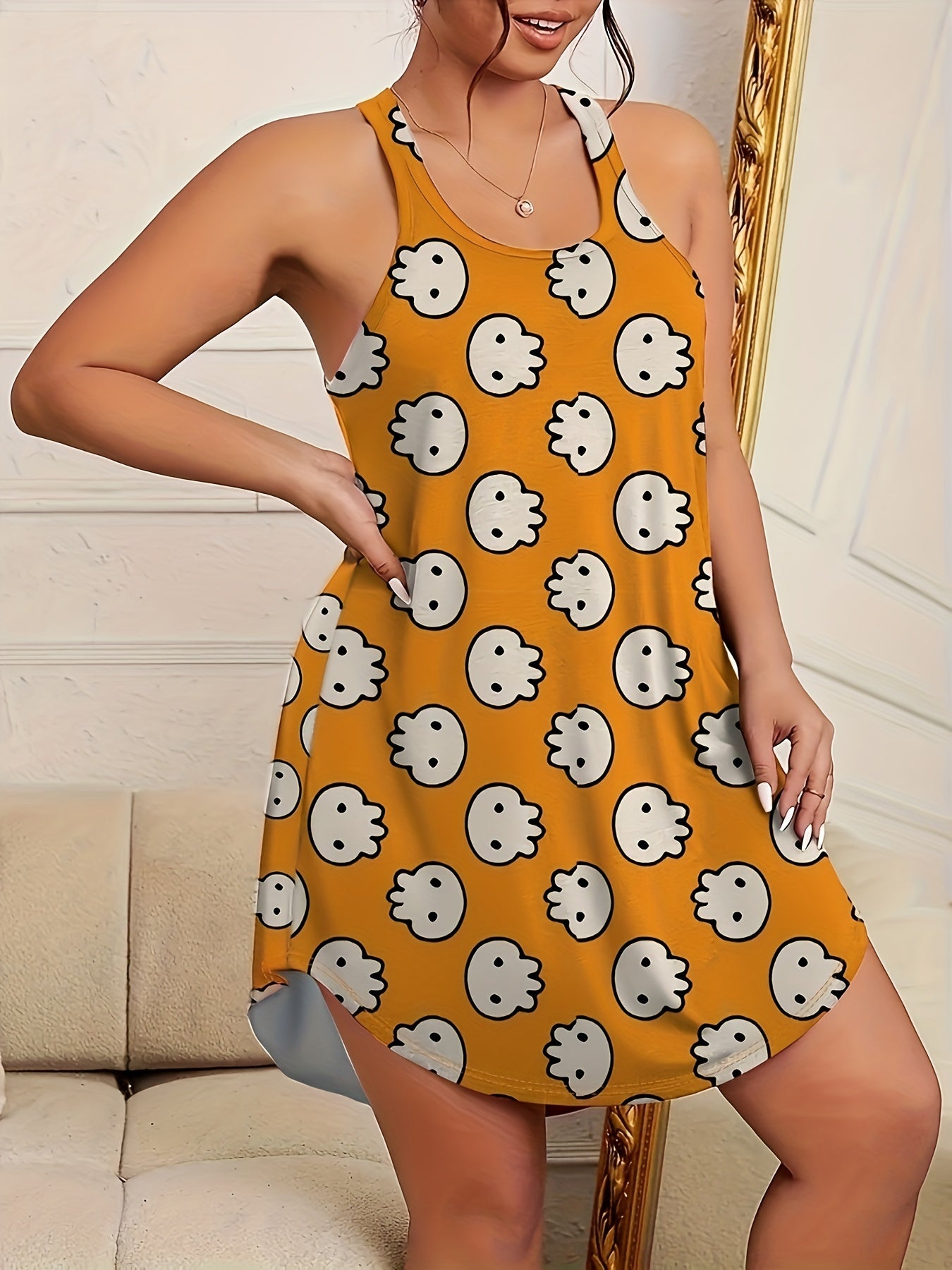 Skull Print Racer Back Tank Sleep Dress