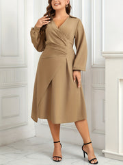 Plus Size Solid Lantern Sleeve Wrap Formal Dress