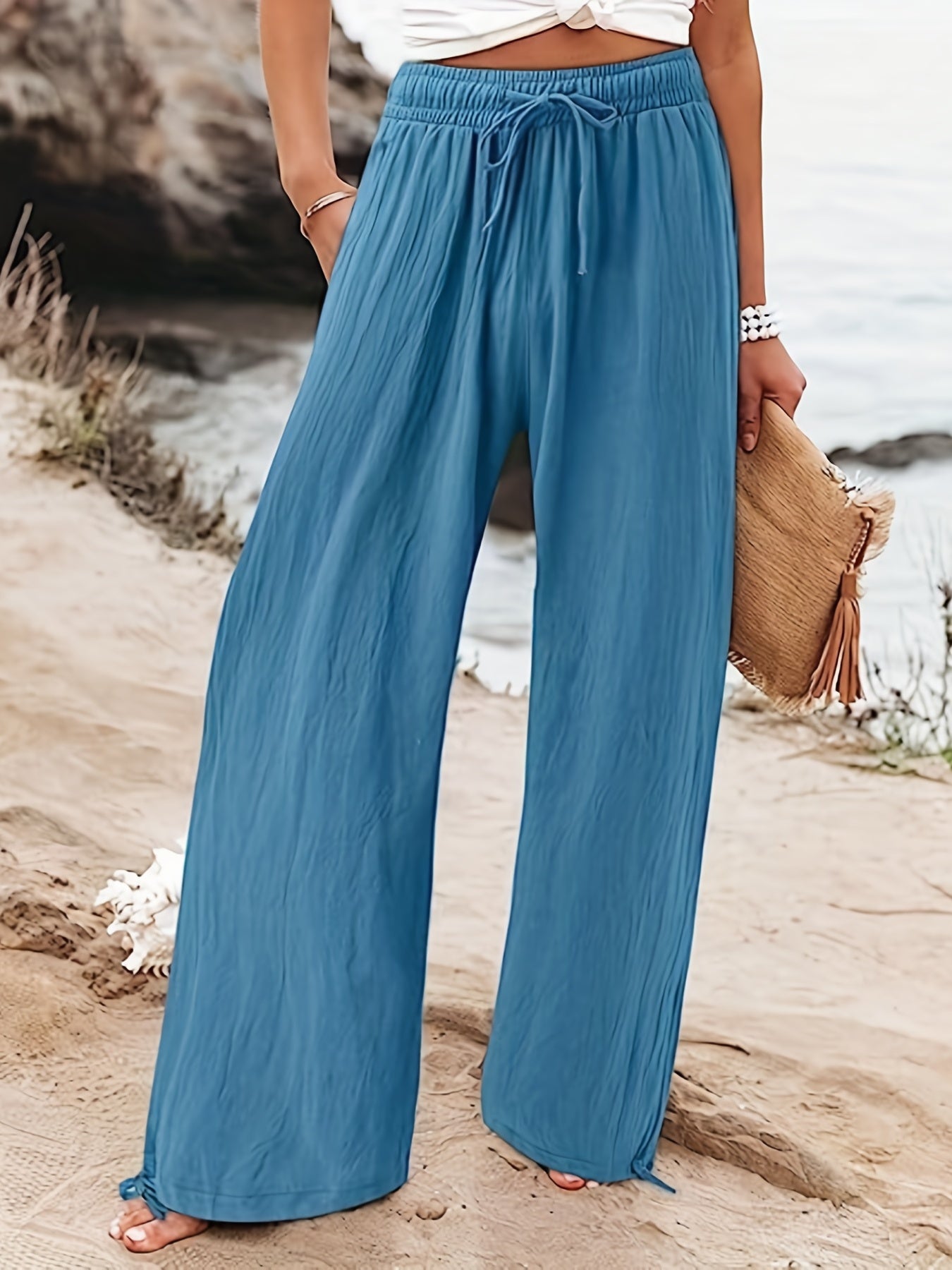 Solid Wide Leg Pants Casual Drawstring Waist Pants