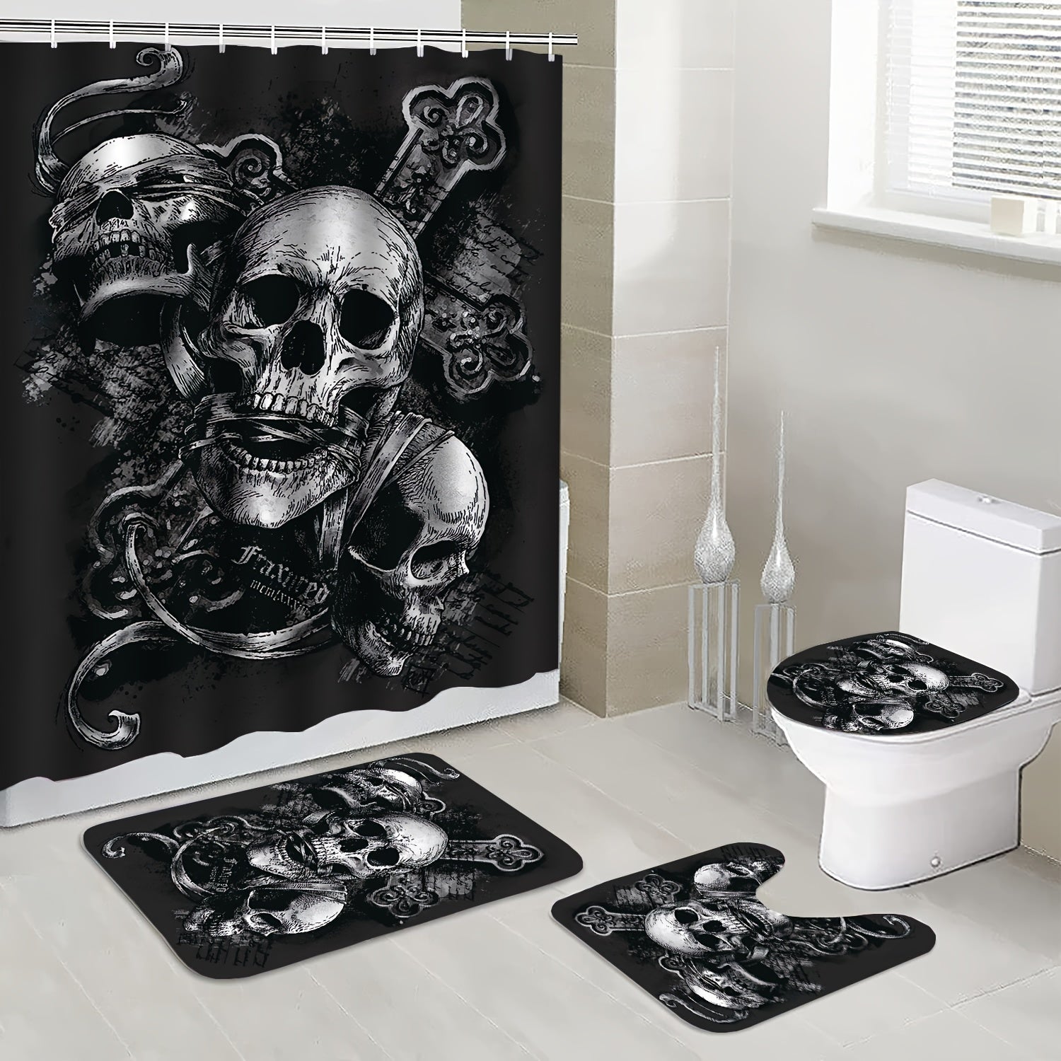 Skull Of The Dead Gothic Pattern Shower Curtain Toilet Seat Bathroom Mat Set