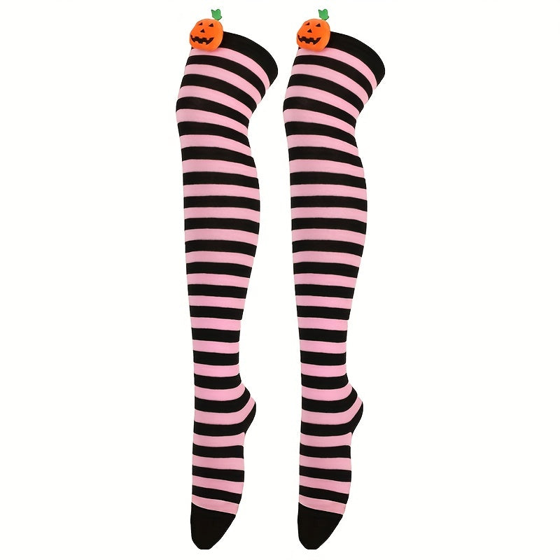 Striped Thigh High Socks Halloween Pumpkin Decor Over The Knee Socks