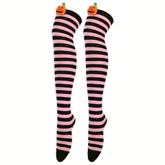 Striped Thigh High Socks Halloween Pumpkin Decor Over The Knee Socks