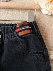 Girls Double Button Wide Leg Denim Pants