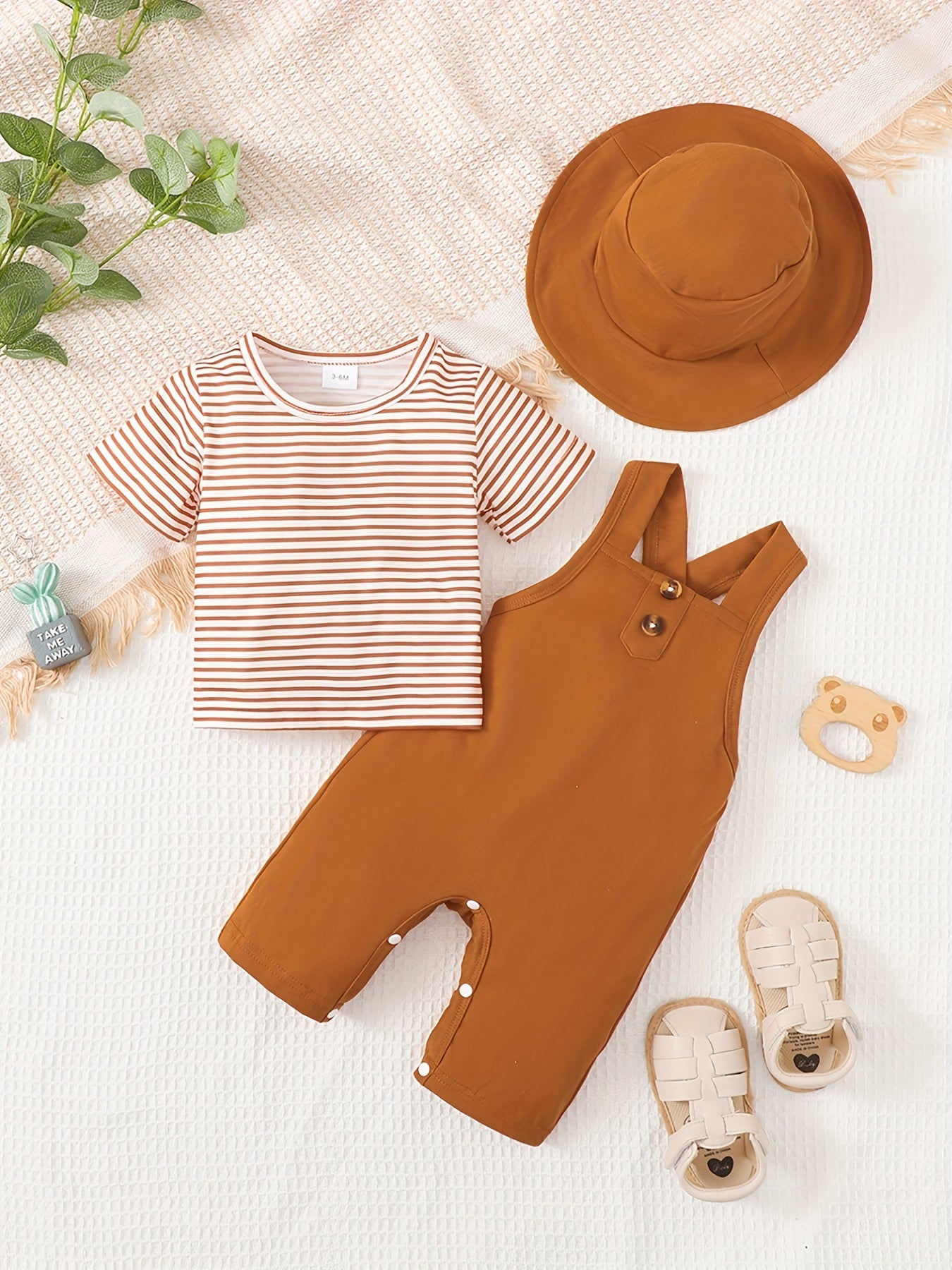 3pcs Baby Boys Striped Tops Overall Hat Set