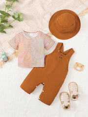 3pcs Baby Boys Striped Tops Overall Hat Set