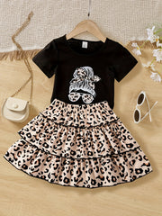 2pcs Girls Casual Round Neck Shirt Top And Leopard Print Skirt Set
