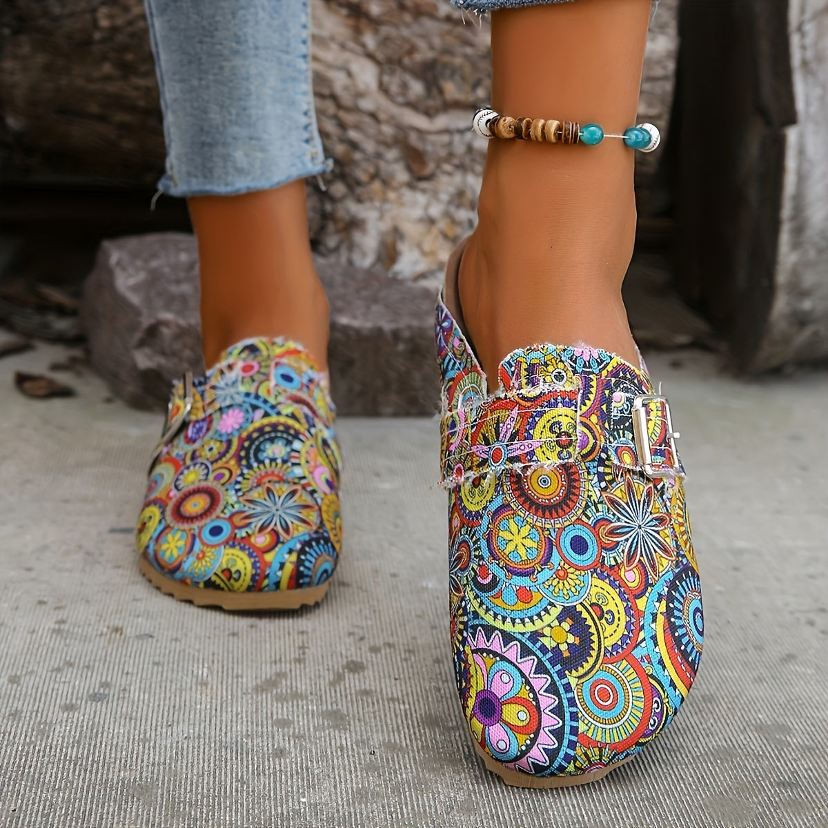 Women's Ethnic Canvas Skate Shoes Closed Toe Slip On Slide Shoes