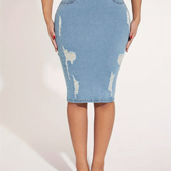 Women's Plus Solid Zipper Ripped High Rise Slim Fit Denim Skirt