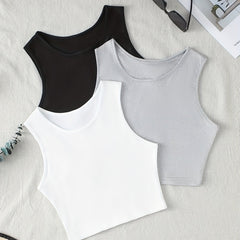 Ribbed Sleeveless Crop Top Round Neck Sports Tank