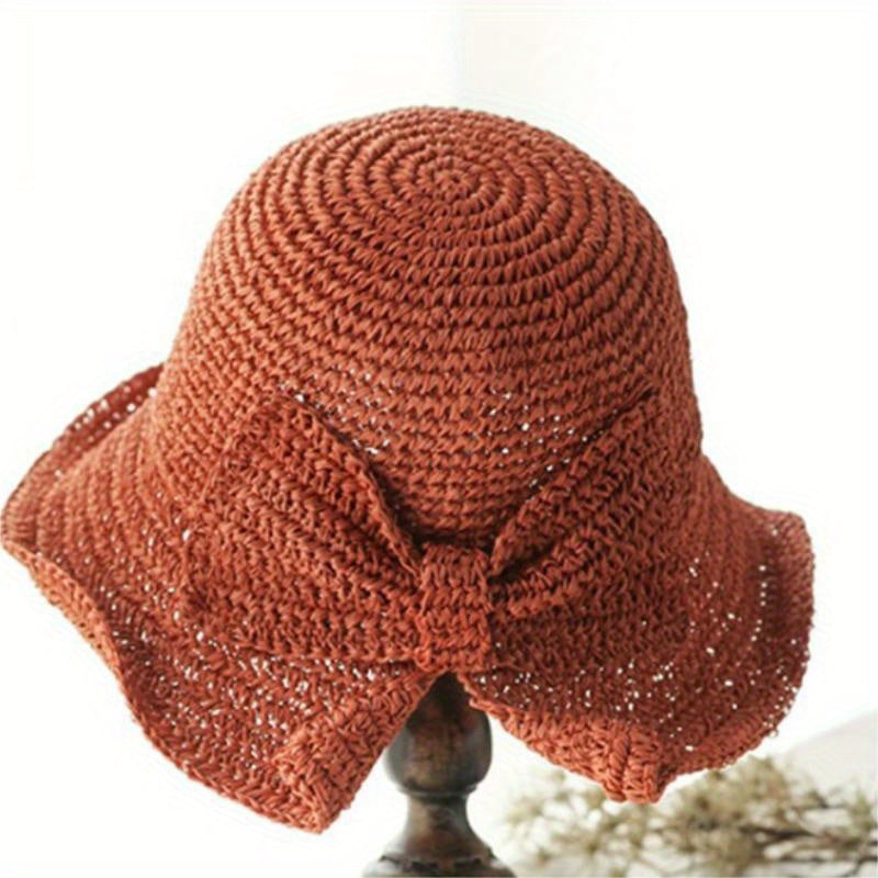 Crochet Straw Sun Hat Wide Brim UV Protection Bucket Hat