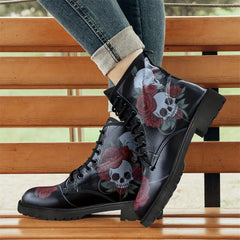 Women's Lace Up Combat Boots Rose & Skull Graphic Short Boots