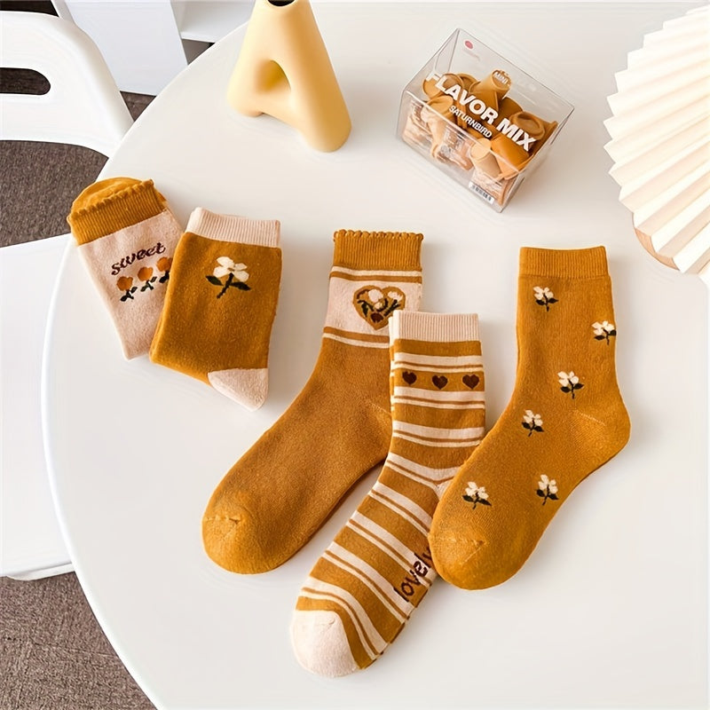 5 Pairs Floral Heart Print Mid Tube Socks Women's Stockings Breathable Stockings