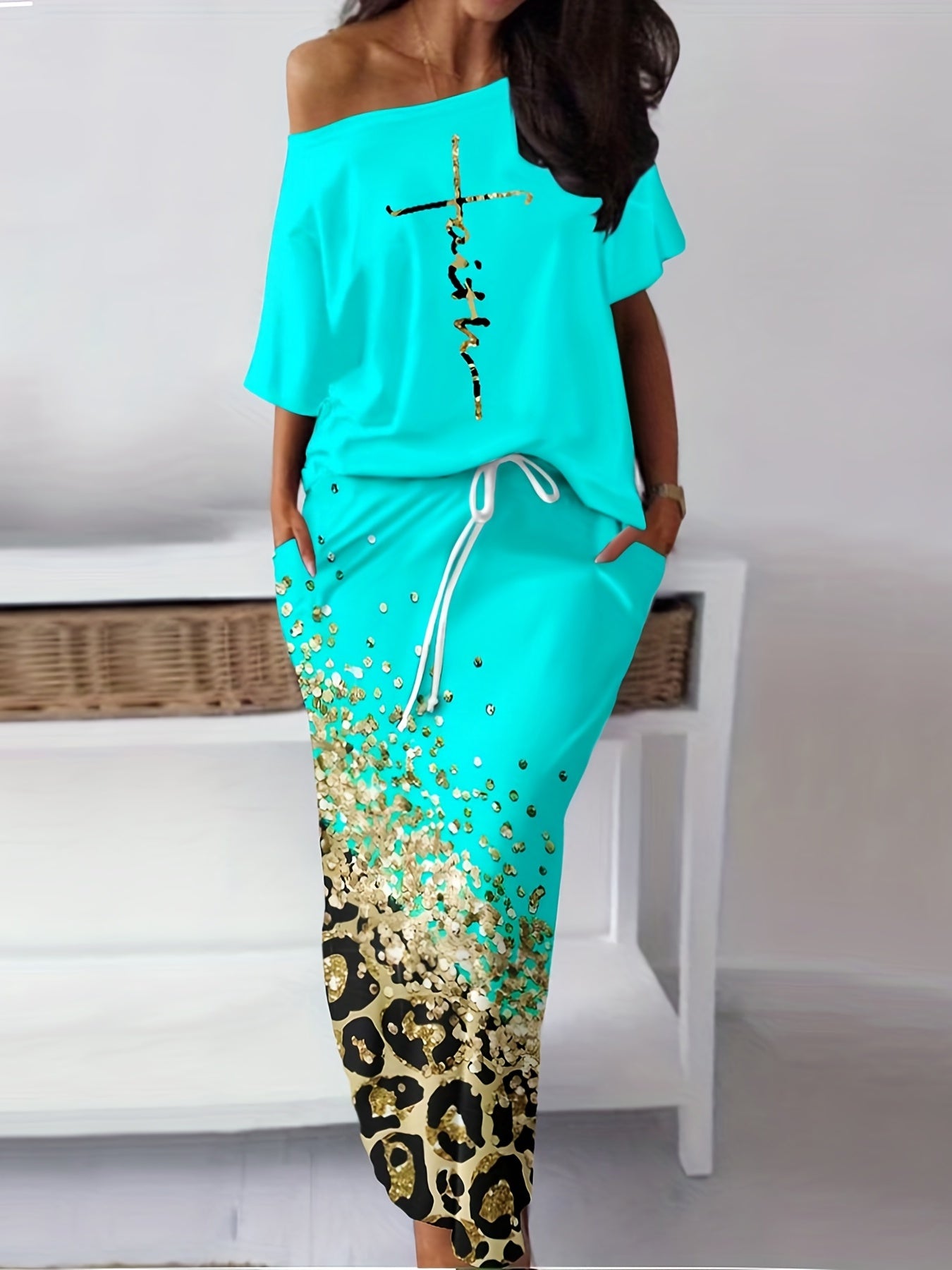 Casual Two Piece Skirt Set - Letter Print Top & Leopard Print Skirt