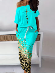 Casual Two Piece Skirt Set - Letter Print Top & Leopard Print Skirt