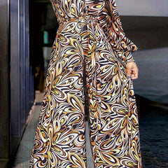 Casual Plus Size Allover Print Lantern Sleeve Wide Leg Jumpsuit