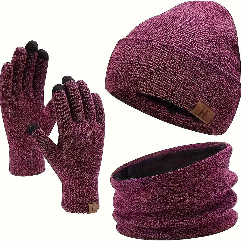 3 Pc Winter Warm Velvet Thickened Set Hat Scarf Gloves Solid Touch Screen