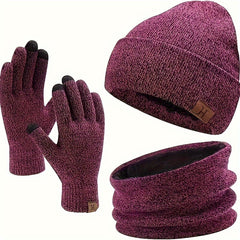 3 Pc Winter Warm Velvet Thickened Set Hat Scarf Gloves Solid Touch Screen