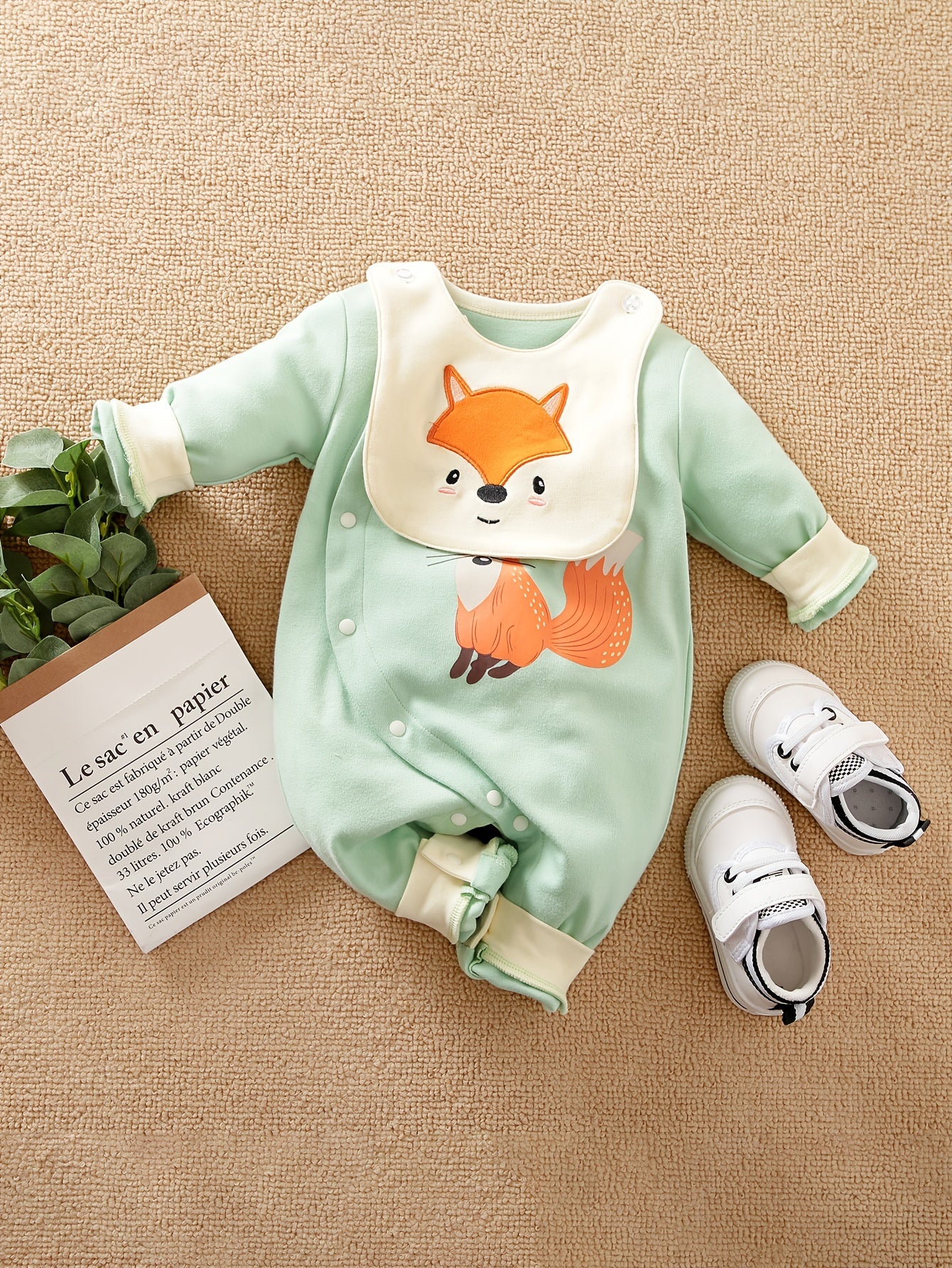 Fox Pattern Cotton Baby Jumpsuit with Bib