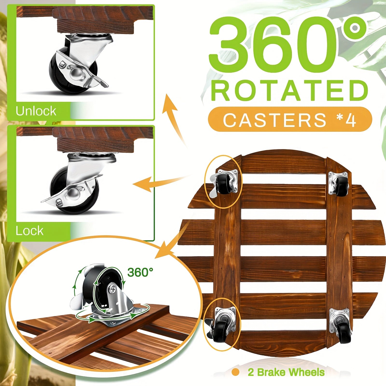 Wooden Plant Caddy Stand w/ Wheels 35cm - Heavy Duty Round Dolly Rollers