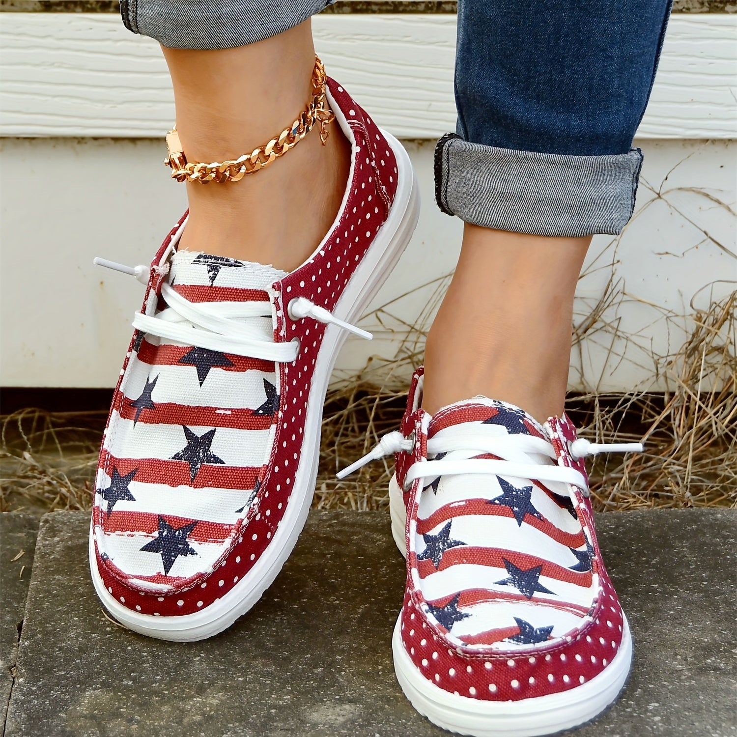 Polka Dot & American Flag Boat Shoes Lace Up Walking Shoes Round Toe Sneakers
