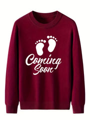 Baby Footprint Coming Soon Print Knitted Sweater Men's Warm Mid