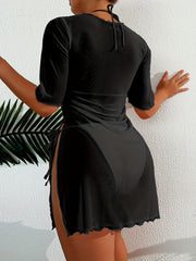 Sheer Cover Up Dress Round Neck Short Sleeves Split Cover Ups Women's Swimwear