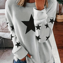 Star Print Crew Neck Pullover Sweatshirt for Women