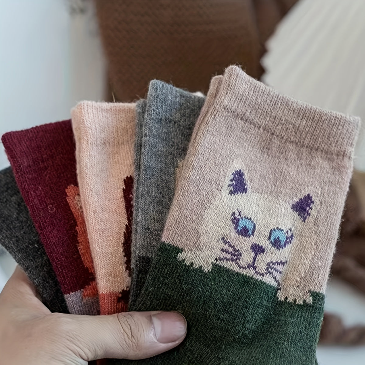 5 Pairs Cartoon Cat Print Socks Women's Mid Tube Stockings