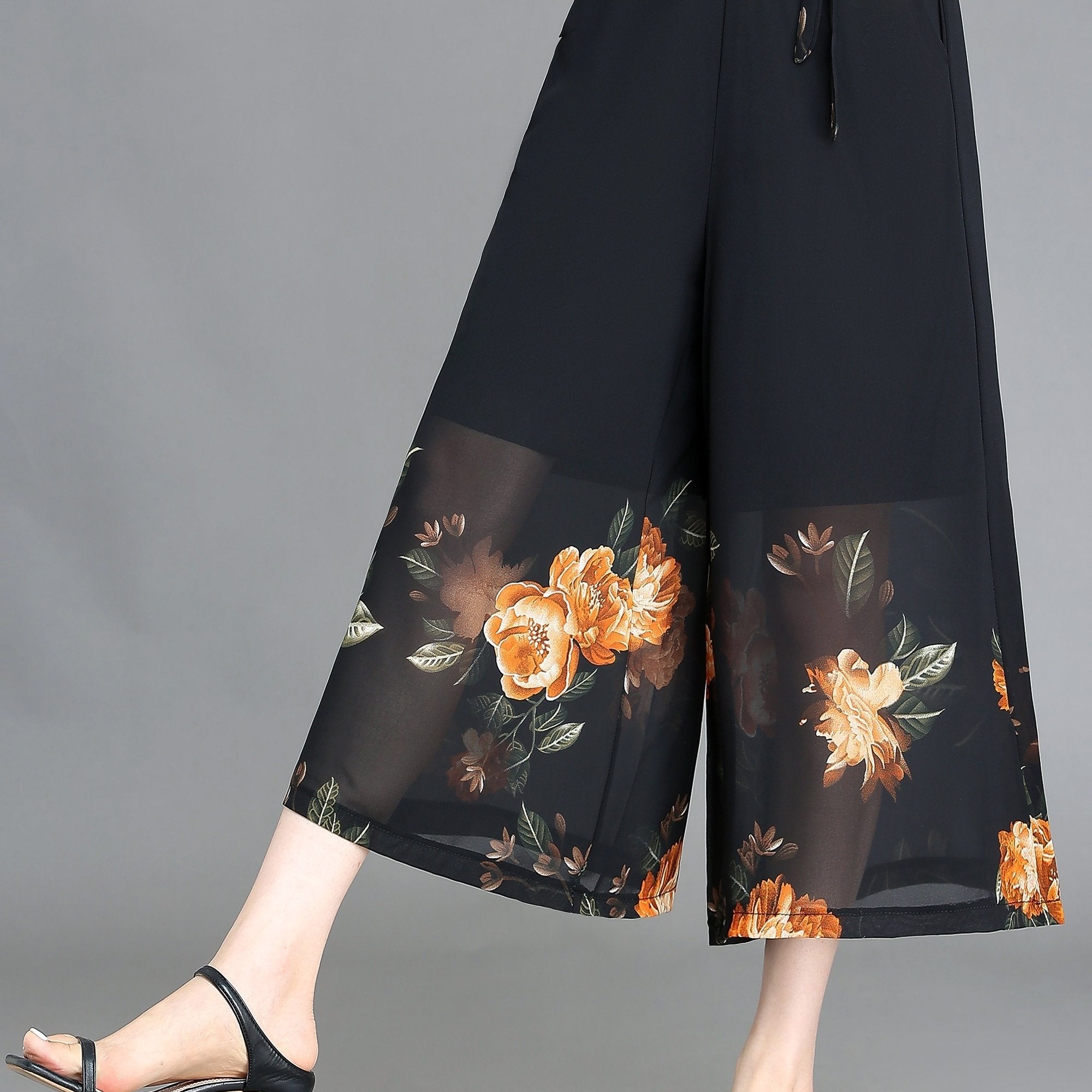 Floral Pattern Chiffon Wide Leg Pants for Women