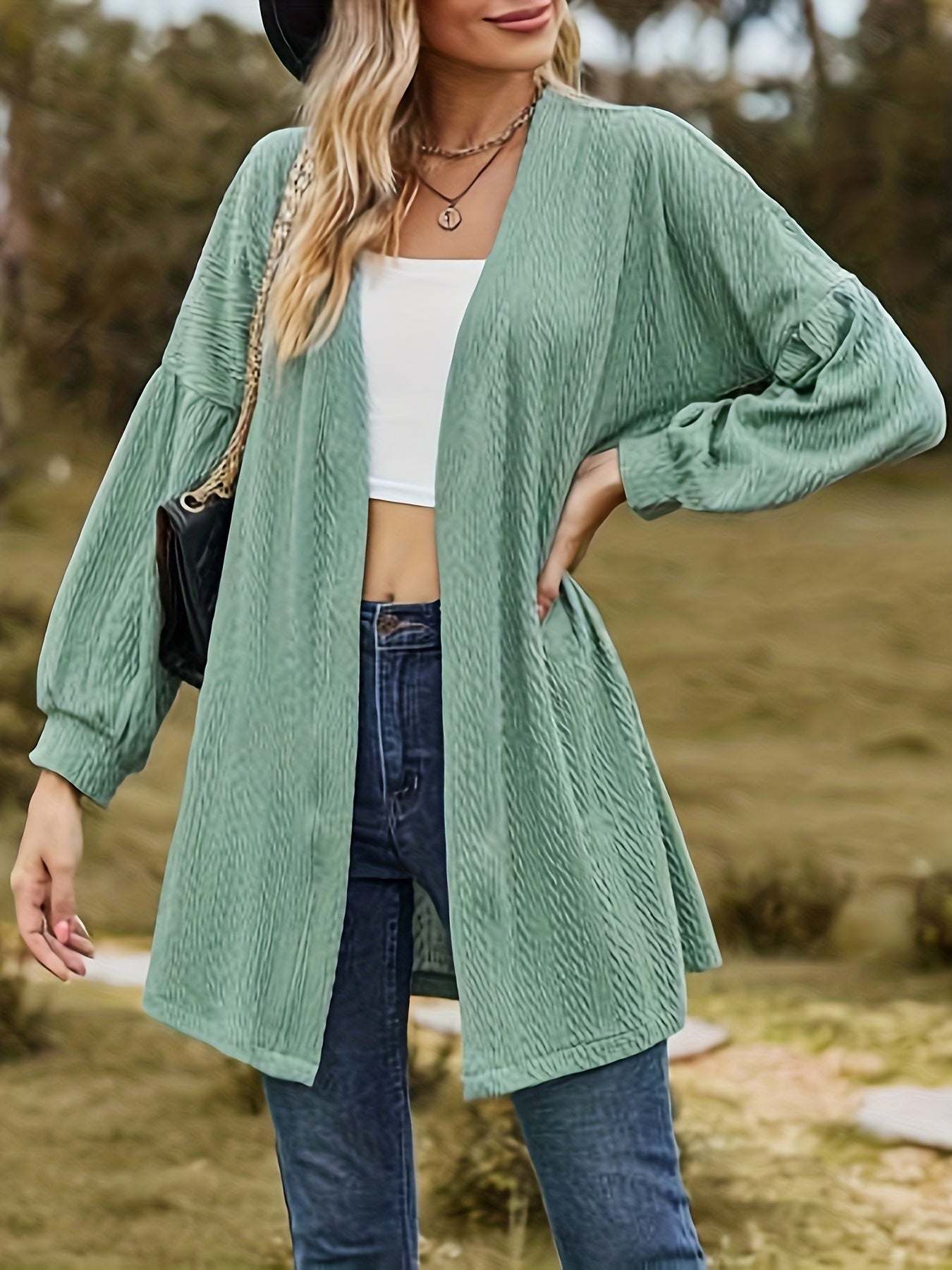 Casual Cardigan Solid Jacquard Lantern Sleeve