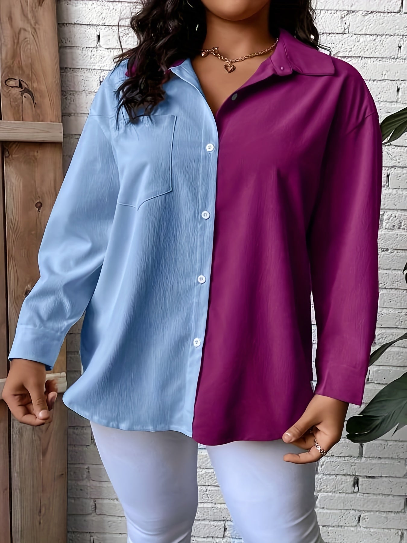 Colorblock Button Up Blouse
