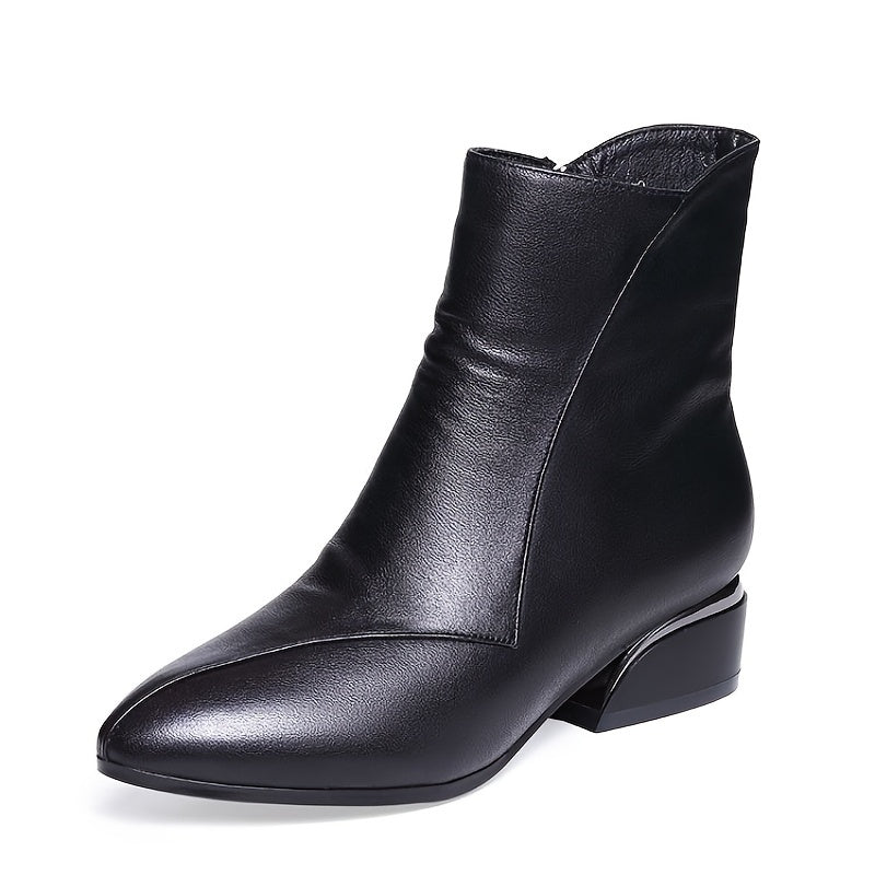 Women's Pointed Toe Ankle Boots Chunky Heel Side Zipper Booties
