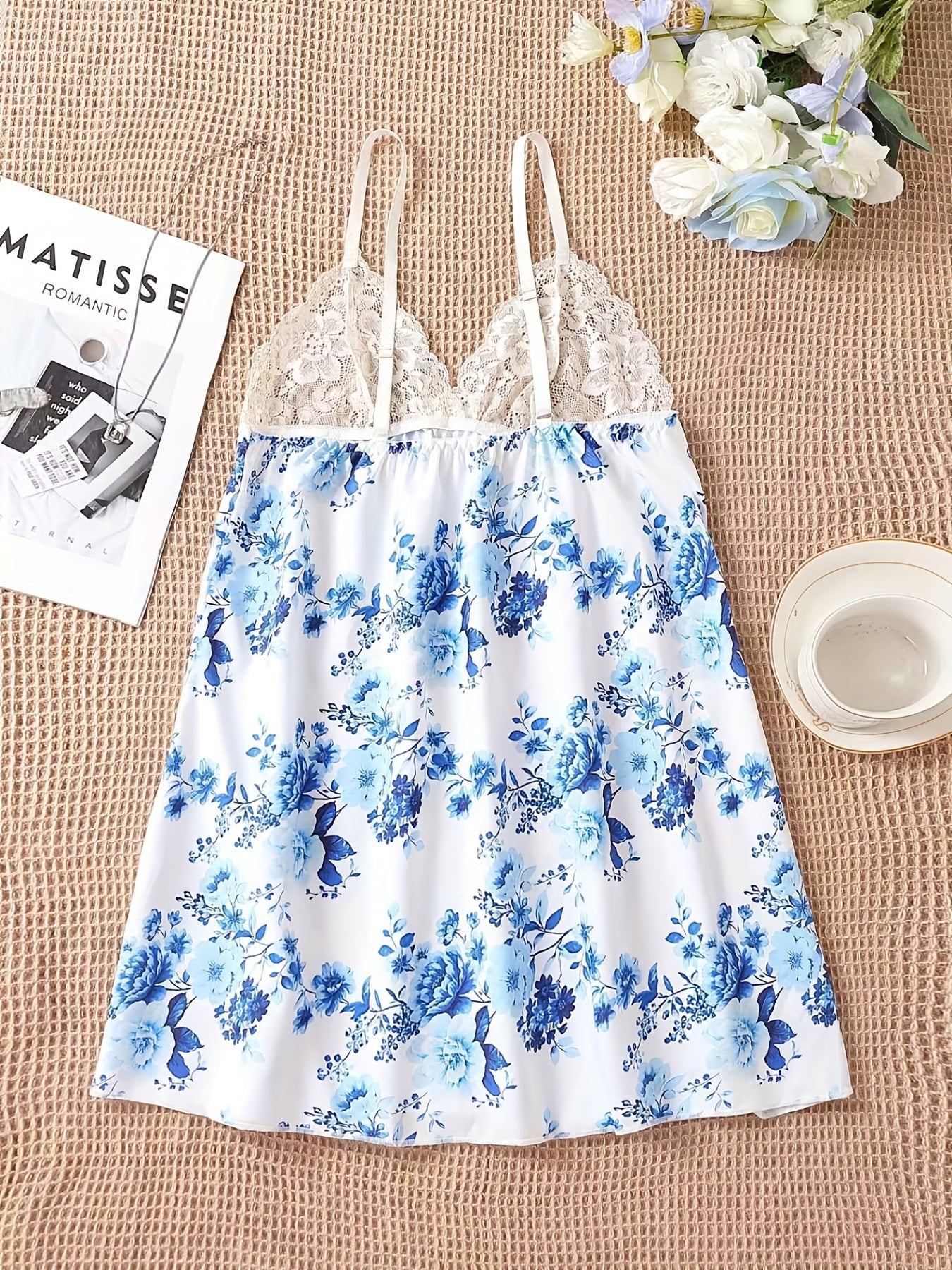 Floral Print Slip Nightdress with Lace Detail