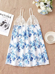 Floral Print Slip Nightdress with Lace Detail