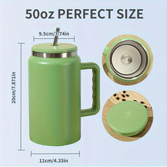 50oz Stainless Steel Water Cup Handle Leakproof Outdoor Sports Fitness Travel