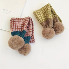 Knitted Small Plaid Hair Ball Warm Scarf 78x13in