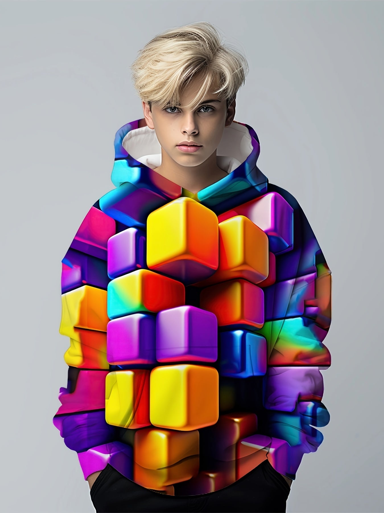 Rainbow Cube Pattern Hoodie For Kids Long Sleeve Top