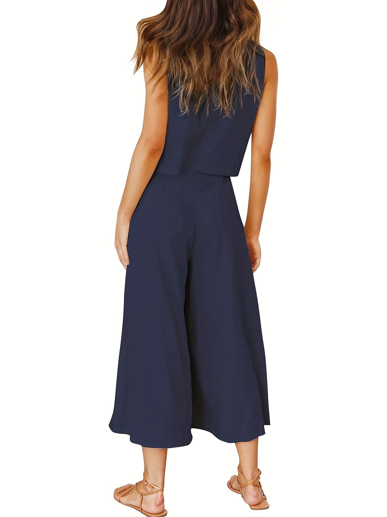 Solid 2pc Set Tank Top & Wide Leg Pants Outfit Women's Clothing
