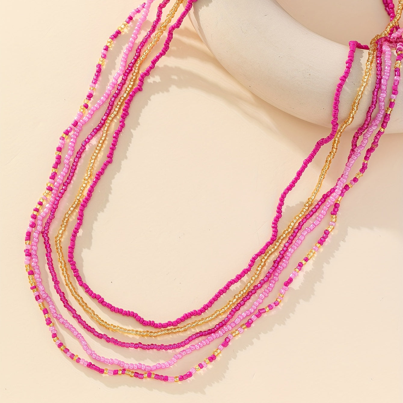 5pcs Pink Red Glass Beads Stretch Bracelet Set Hand Jewelry Accessory Gift