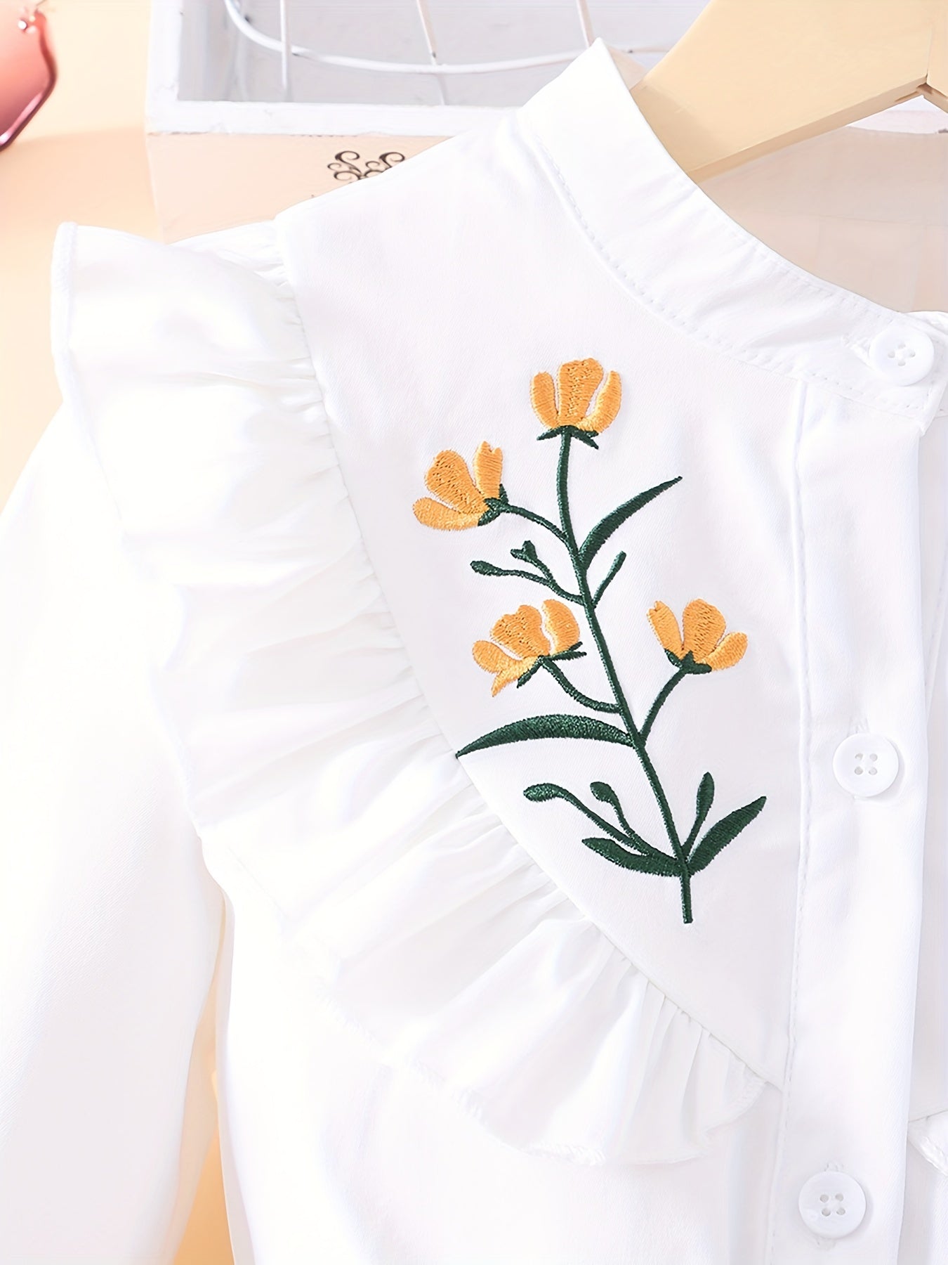 Girls Orange Flowers Embroidery Shirt Dress With Belt